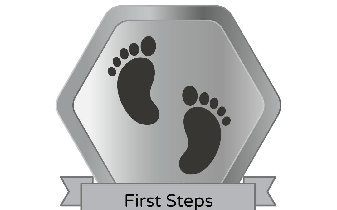 Silver bade that reads: first steps