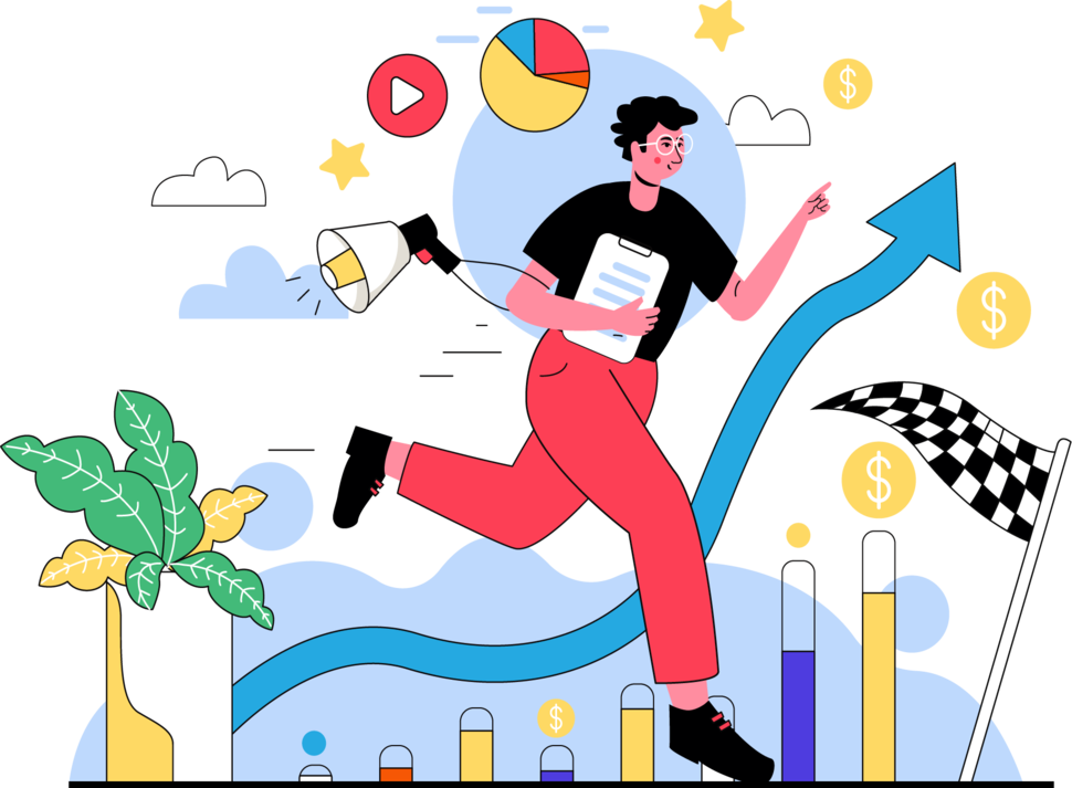 Cartoon image of a man running to the finish line surrounded by work related icons